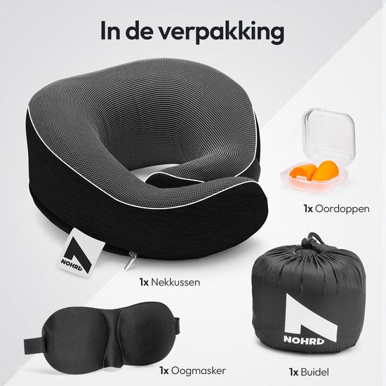 NOHRD Aircraft Neck Pillow - Reisekissen - Schwarz - Memory Foam - Inkl. Ohrstöpsel, Schlafmaske & Tragetasche - Memory Foam - Nackenstütze