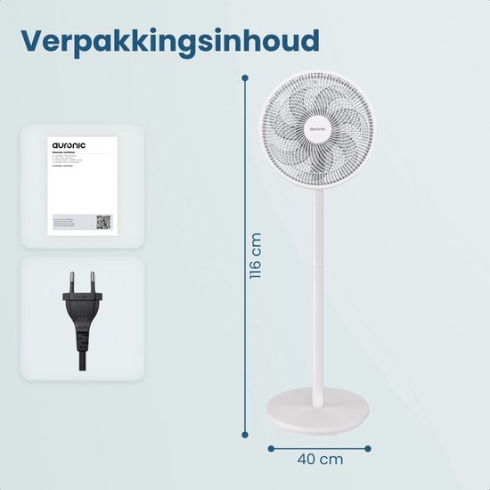 Auronic Stehventilator - 3 Geschwindigkeiten - 85° Oszillation - einstellbar von 70-116 cm - Weiß