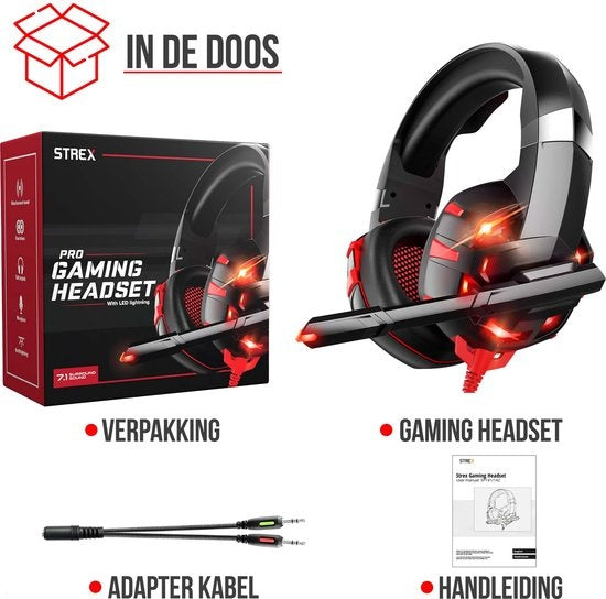 Strex - Gaming Headset - mit Mikrofon – 2,2m Kabel - für PC, PS4, PS5, & Xbox Seies - Schwarz/Rot