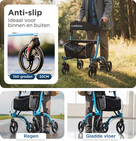 Medzone Rollator leicht und faltbar - Sitzfunktion - für drinnen und draußen - Rückenlehne und Gehstockhalterung - blau