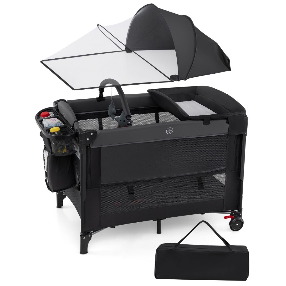 Coast 5-in-1-Babyreisebett mit 4 verstellbaren Höhen, Wickeltisch, Spielzeugstange und Tragetasche – 100 x 70 x 72 cm – Schwarz