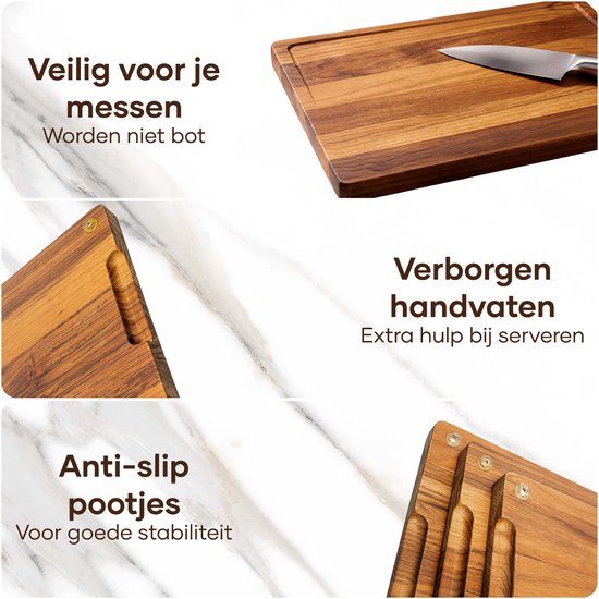 Villux Schneidebrett – Schneidebrett-Set mit Halterung – Schneidebrett aus Holz – Schneidebretter – Schneidebrett aus Teakholz – Holz-Schneidebrett – Schneidebrett-Set – Tapas-Brett - Snackbrett – Servierbrett – Häppchenbrett – Inklusive E-Book – 3 Stück