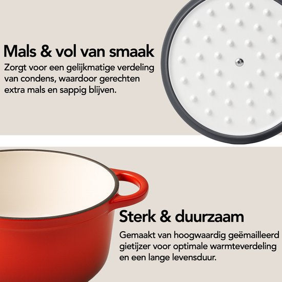Aviro Gusseisen-Kasserolle - Ø26CM - 5L - Alle Wärmequellen inkl. Induktion - Eintopf - PFAS-frei - Mit Deckel - Rot