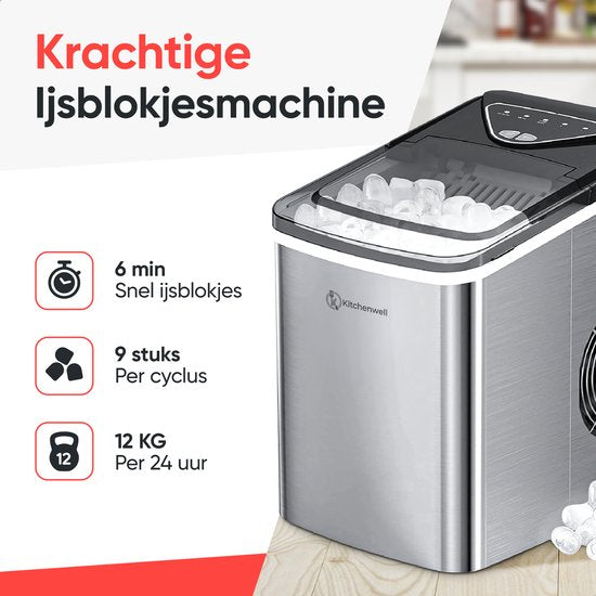 Kitchenwell Eiswürfelbereiter - 2L - 12kg/24 Stunden - Selbstreinigungsfunktion - Silber