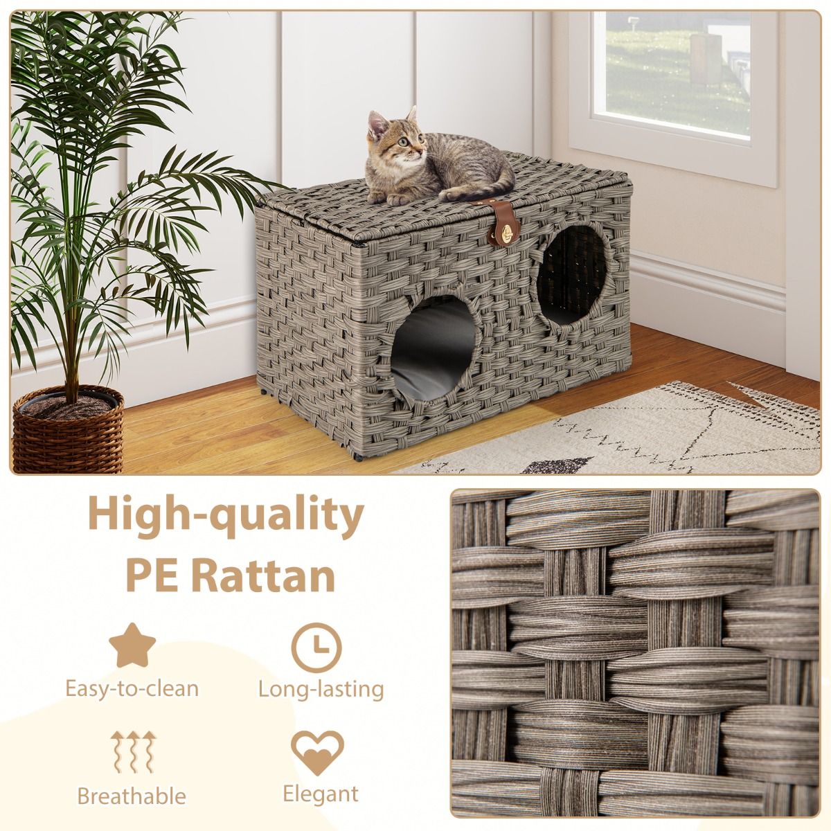 Coast Katzenhaus aus Schilf – zusammenklappbares Katzenbett – abnehmbares Kissen – verschließbarer Deckel – 60 x 35 x 35 cm