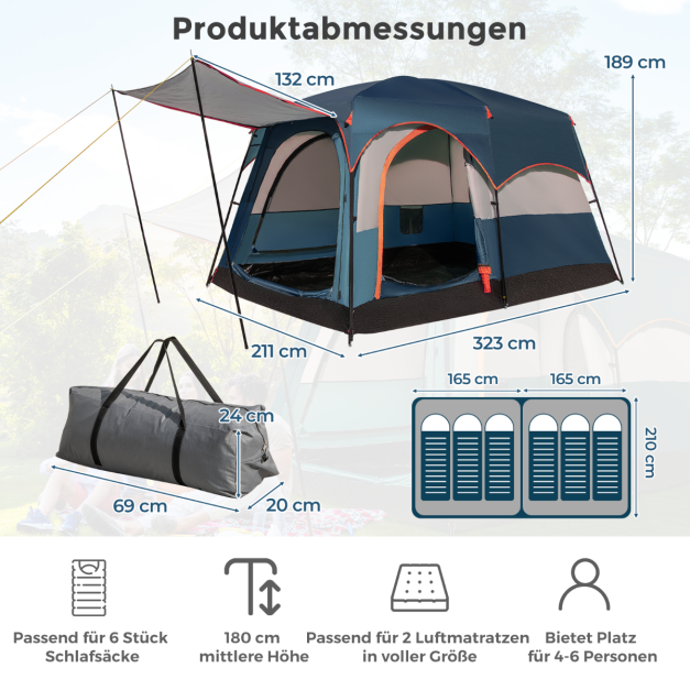 Coast 6-Personen-Campingzelt mit 2 Schlafbereichen und Trennwand – Familienzelt mit Regenschutz und Vordach – Blau