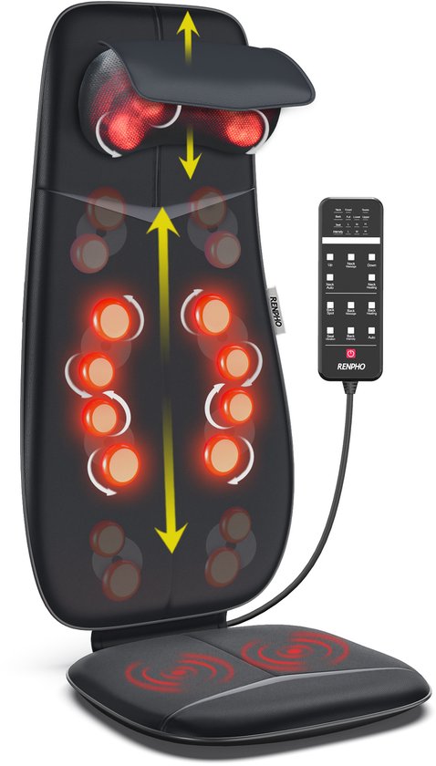 RENPHO Shiatsu-Massagekissen - Vollständige Rücken- und Nackenmassage - Mit Wärme und Vibration - Einstellbare Zonen und Intensität - Automatische Höhenerkennung - Geeignet für jeden Stuhl - Ideal für zu Hause oder im Büro