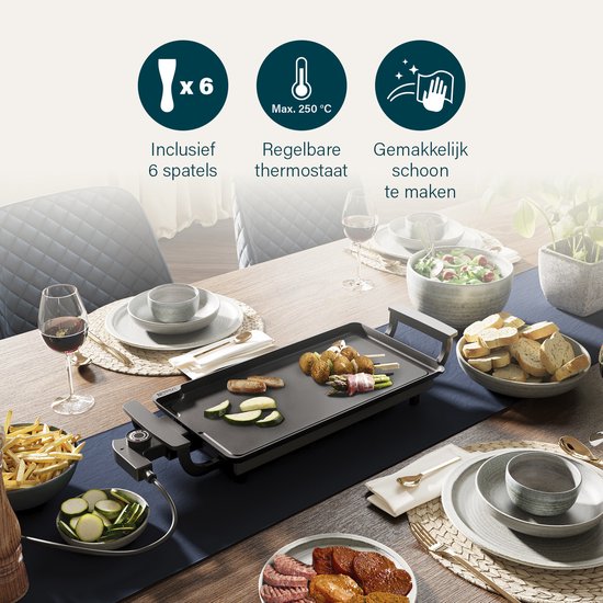 Princess Table Chef Grillplatte 102209 – Gourmet – Grillplatte – Tischgrill – 43 x 23 cm – 6 Personen – Einstellbarer Thermostat – 1800 Watt – Teppanyaki – Für drinnen und draußen
