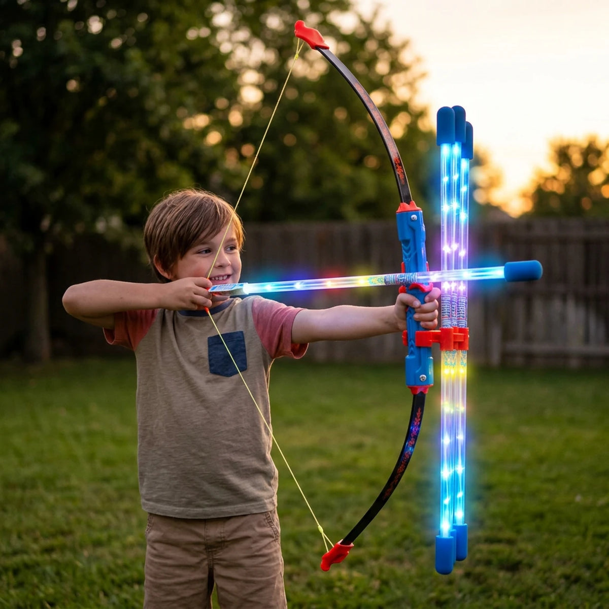 Großer Leuchtbogen mit Glasfaser-Leuchtpfeilen, 60 cm – inklusive Zielscheibe – für Kinder von 5 bis 12 Jahren