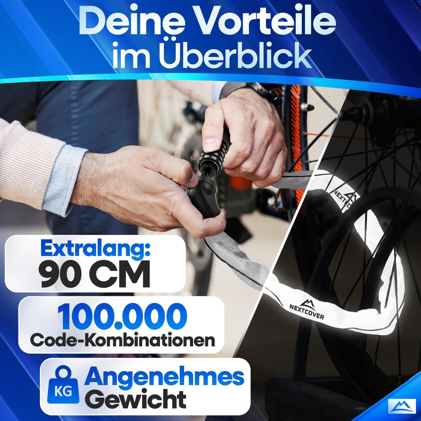 NEXTCOVER® Fahrradschloss LockOne mit Zahlencode I - [SAFESECURE] Zahlenschloss - Sehr robust - 90 cm lang - Reflektierend