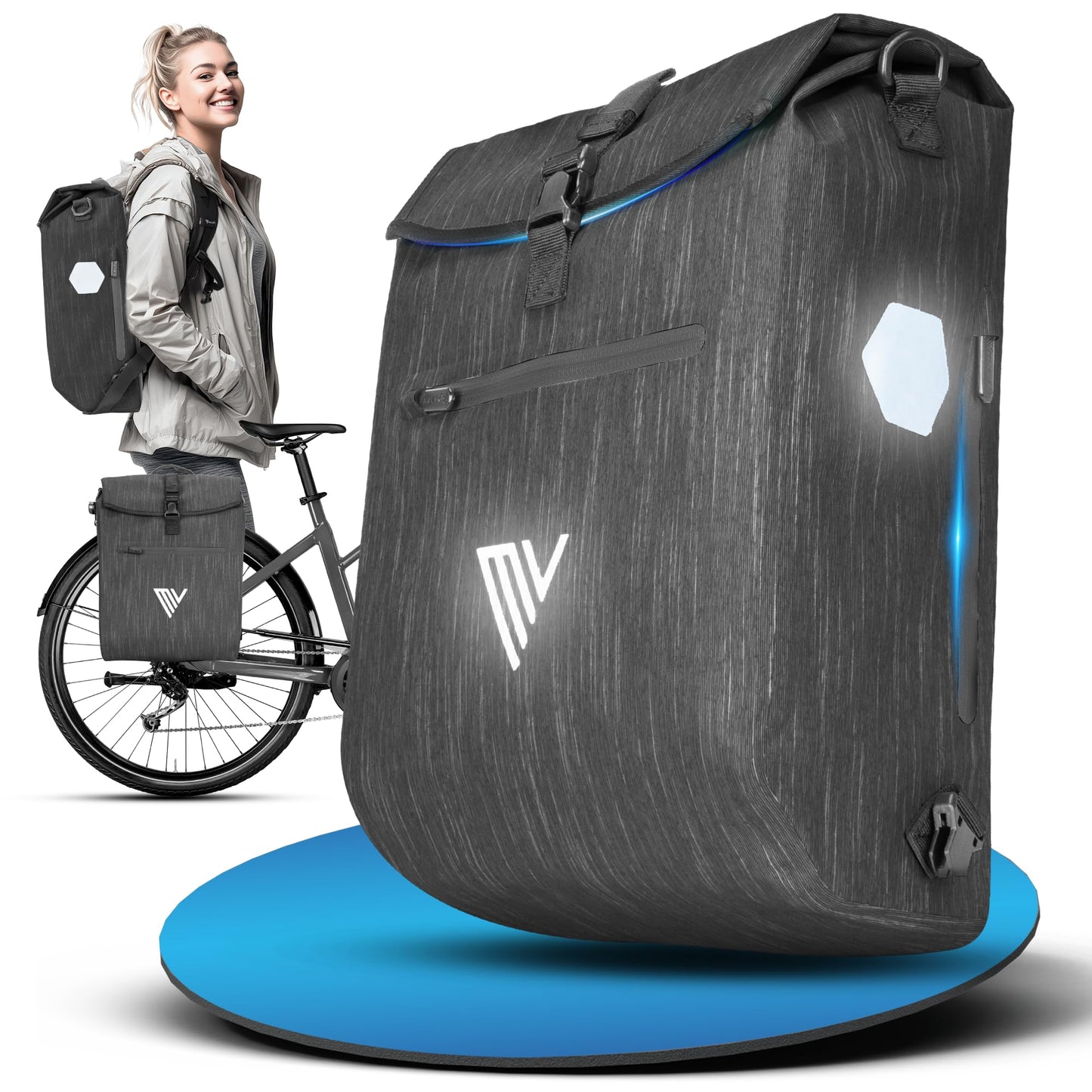 MIVELO - 3-in-1-Fahrradtasche – Wasserdicht – Gefüttertes Laptopfach – Reflektoren - 20 Liter - Graphitfarben