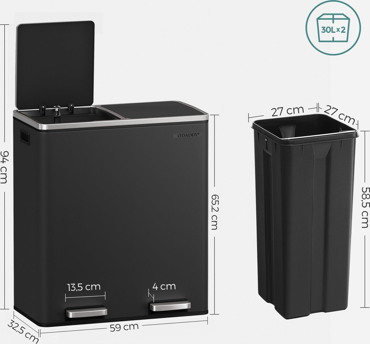 O'DADDYÂ¬Ã† Mülltrenner - Mülleimer 60L (2x 30L) - Treteimer - 59 x 65 x 32 cm - Schwarz