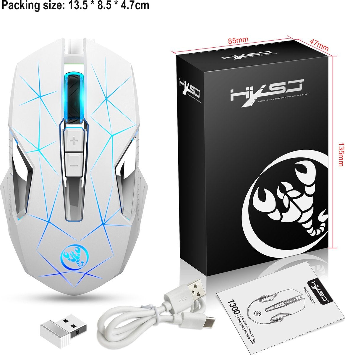 HXSJ T300 2.4G Wireless Gaming Mouse - Computermäuse - Ultraleicht - Kompakt für unterwegs - RGB-Beleuchtung - Weiß