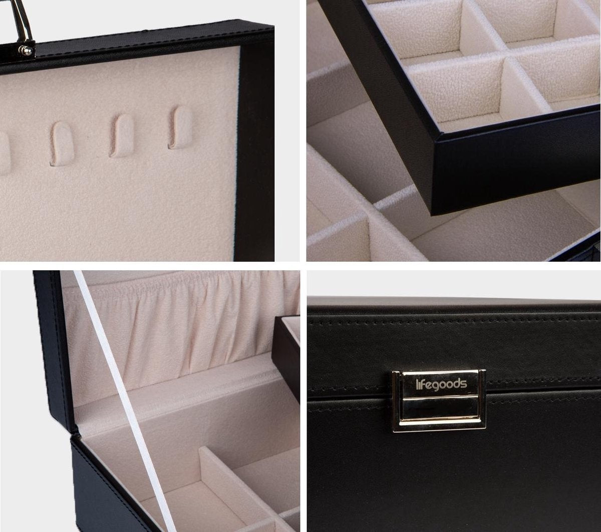 LifeGoods Schmuckkästchen - Schmuckaufbewahrung - 24 Fächer - Schwarz/Beige