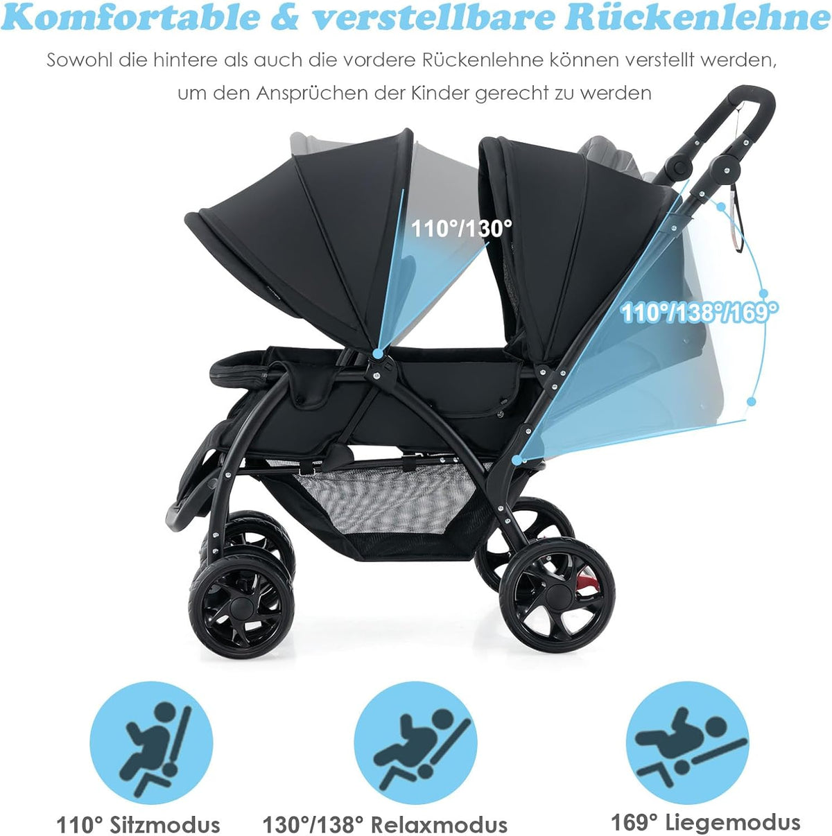 Coast Tandem-Kinderwagen für zwei Kinder – zusammenklappbar mit verstellbarer Rückenlehne – schwarz – Metall