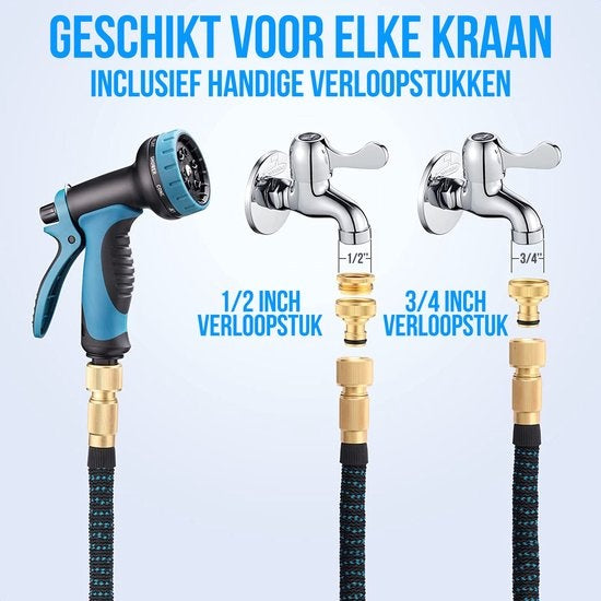 Strex - Gartenschlauch - 30m - mit Sprinklerkopf - inkl. Kupplungen, Aufhängehaken & Aufbewahrungstasche - Schwarz/Blau