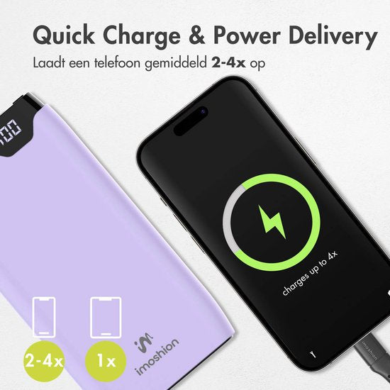 imoshion Powerbank 20000 mAh - Schnellladegerät 22,5W - LED-Anzeige - USB C & USB A - Geeignet für iPhone und Samsung, u.a. - Universal - Flieder