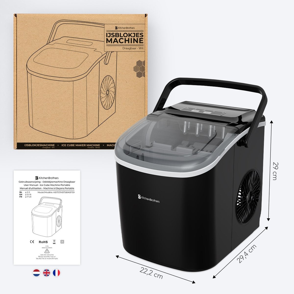 KitchenBrothers Eiswürfelmaschine - mit Eisportionierer - Tragbar mit Handgriff - 1.2L - 7-10 min. - 12kg/24h - Schwarz