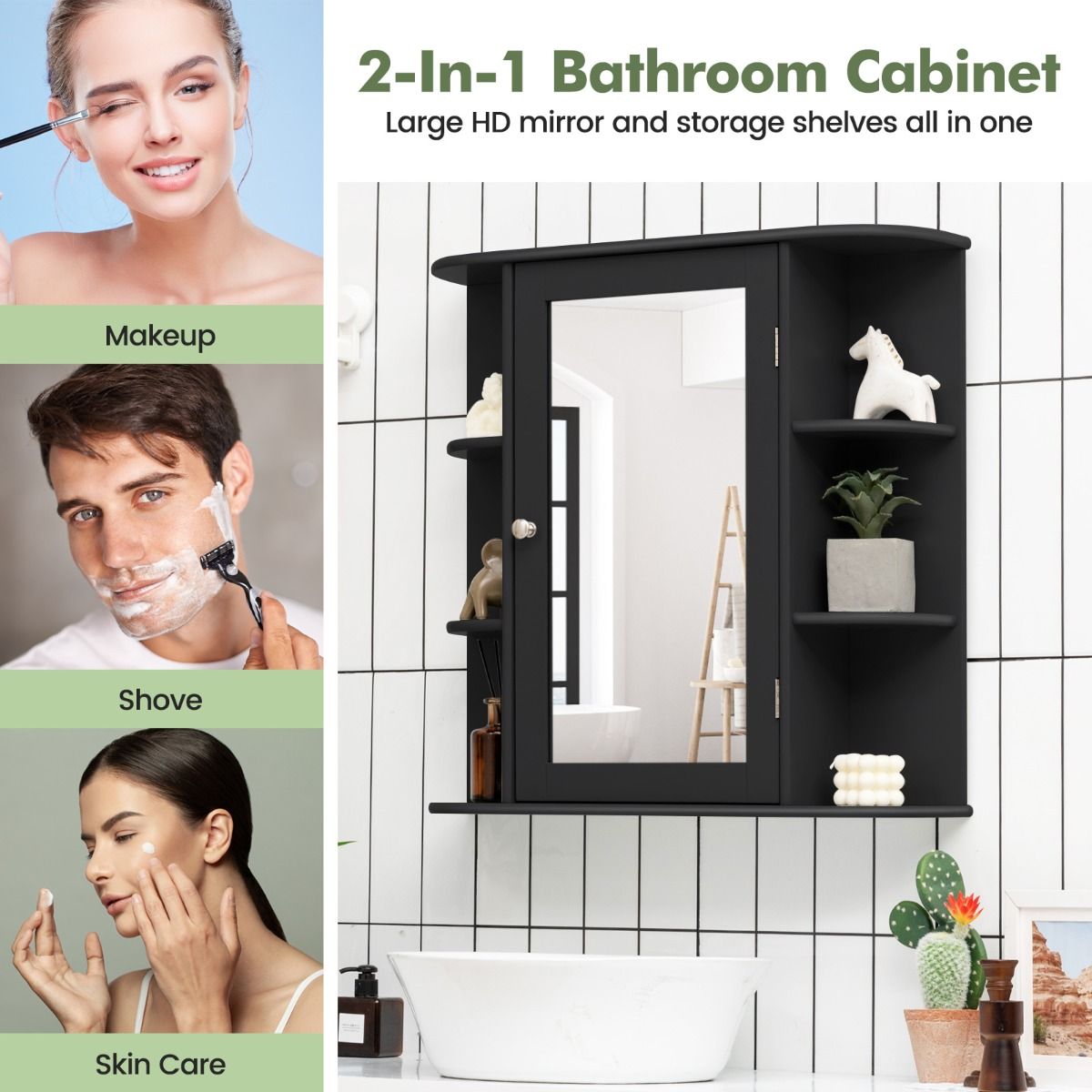 coast Spiegelschrank Bad - 66×17×62 cm - Schwarz - Wandschrank mit Spiegeltür & offenen Regalen