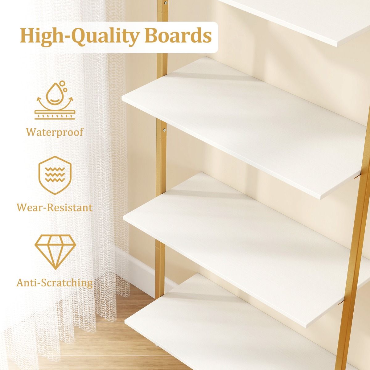 Coast Bücherregal mit 5 Einlegeböden – Wandmontage – Metallrahmen – Weiß und Gold