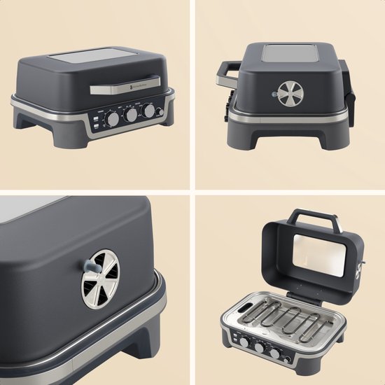 KitchenBrothers Elektro-Grill und Smoker – Tischmodell für den Balkon – 90 °C bis 250 °C – 2600 W – Tischgrill – Mit Sichtfenster
