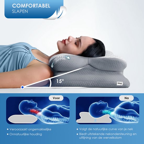 Maqi Living® Memory-Foam-Kissen bei Nackenbeschwerden – Orthopädisches & ergonomisches Kissen – Geeignet für Rücken-, Seiten- und Bauchschläfer – Memory-Foam – Grau/Weiß