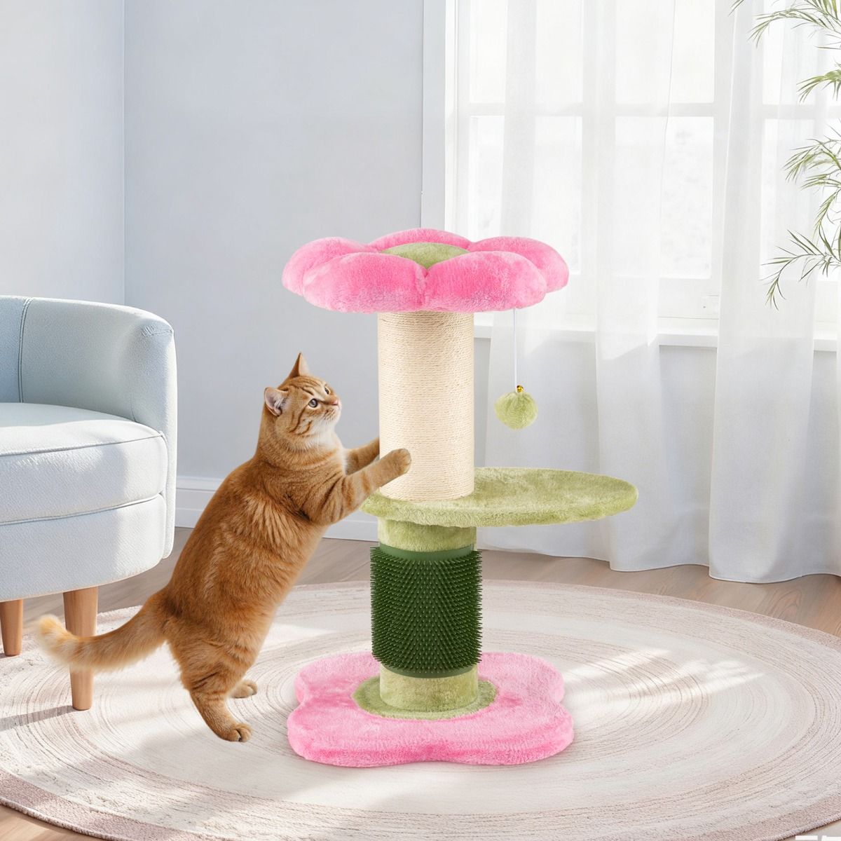 Coast Kratzbaum für Katzen – 3 Etagen – mit Plüsch-Liegefläche und Blumenplattformen – rosa – 69 cm