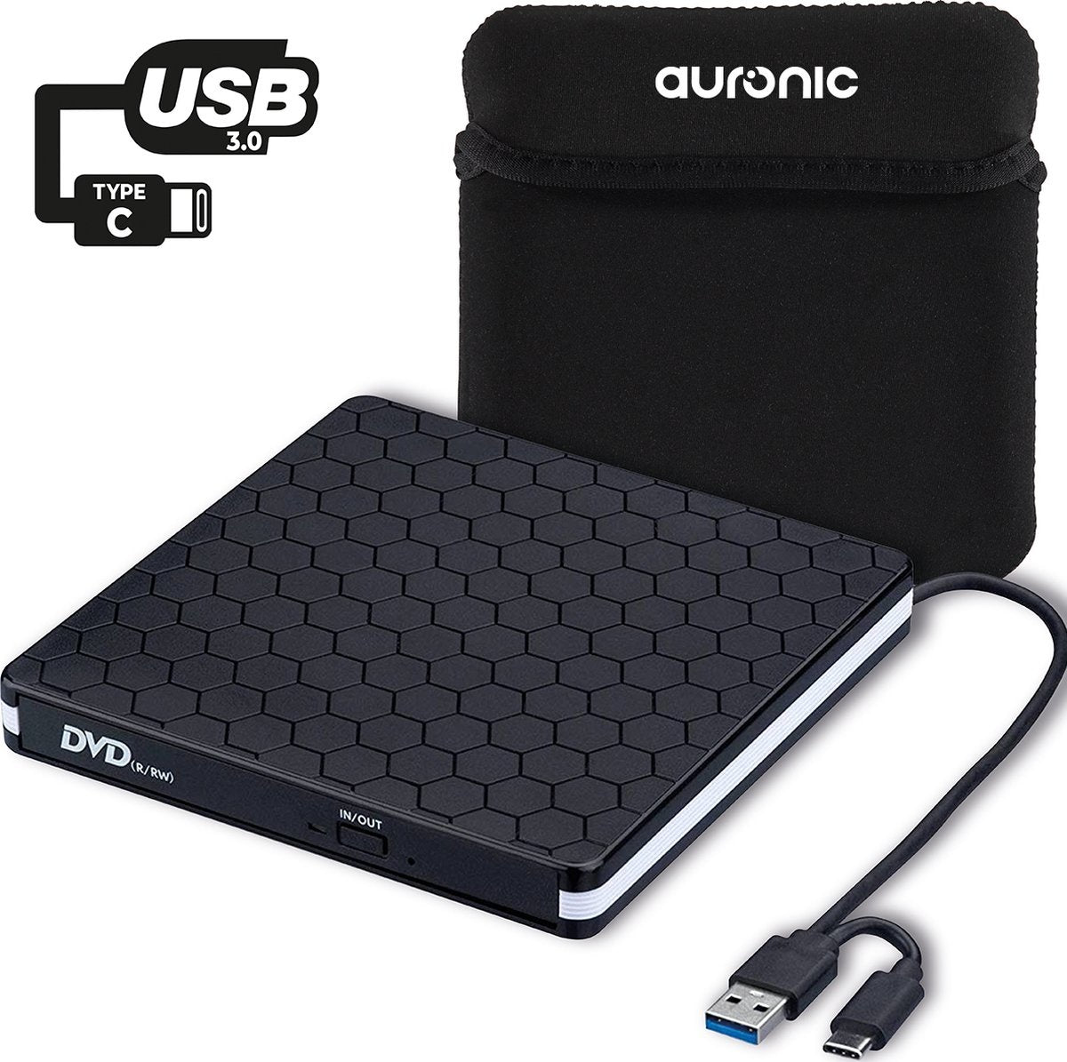 Auronic Externer DVD-Player - Für Laptop und Brenner - USB 3.0 oder USB C - Windows, MacOS & Linux - Inkl. Hülle + Kabel - Schwarz