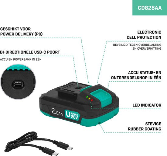 VONROC Akku 20V - 2.0Ah - Mit b-direktionalem USB-C Anschluss - Akku und Powerbank in einem - kompatibel mit Power Delivery (PD) - Geschützt mit Electronic Cell Protection