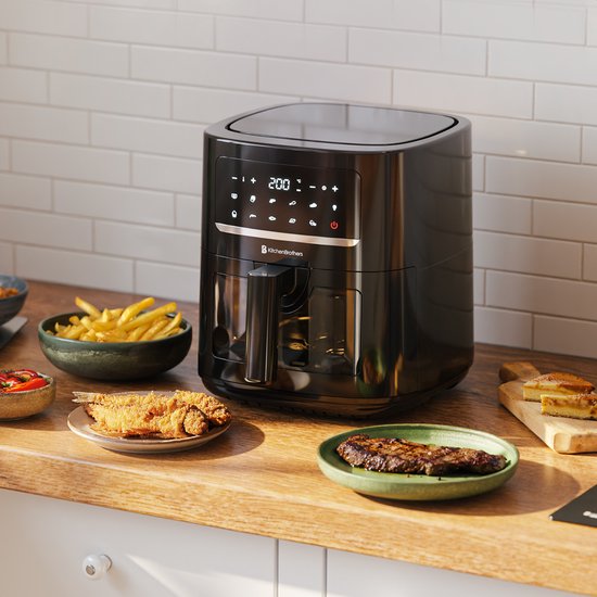 KitchenBrothers Airfryer XL - 6L - 1600W - Heißluftfritteuse - 50ºC bis 200ºC - 10 Kochprogramme - Schwarz