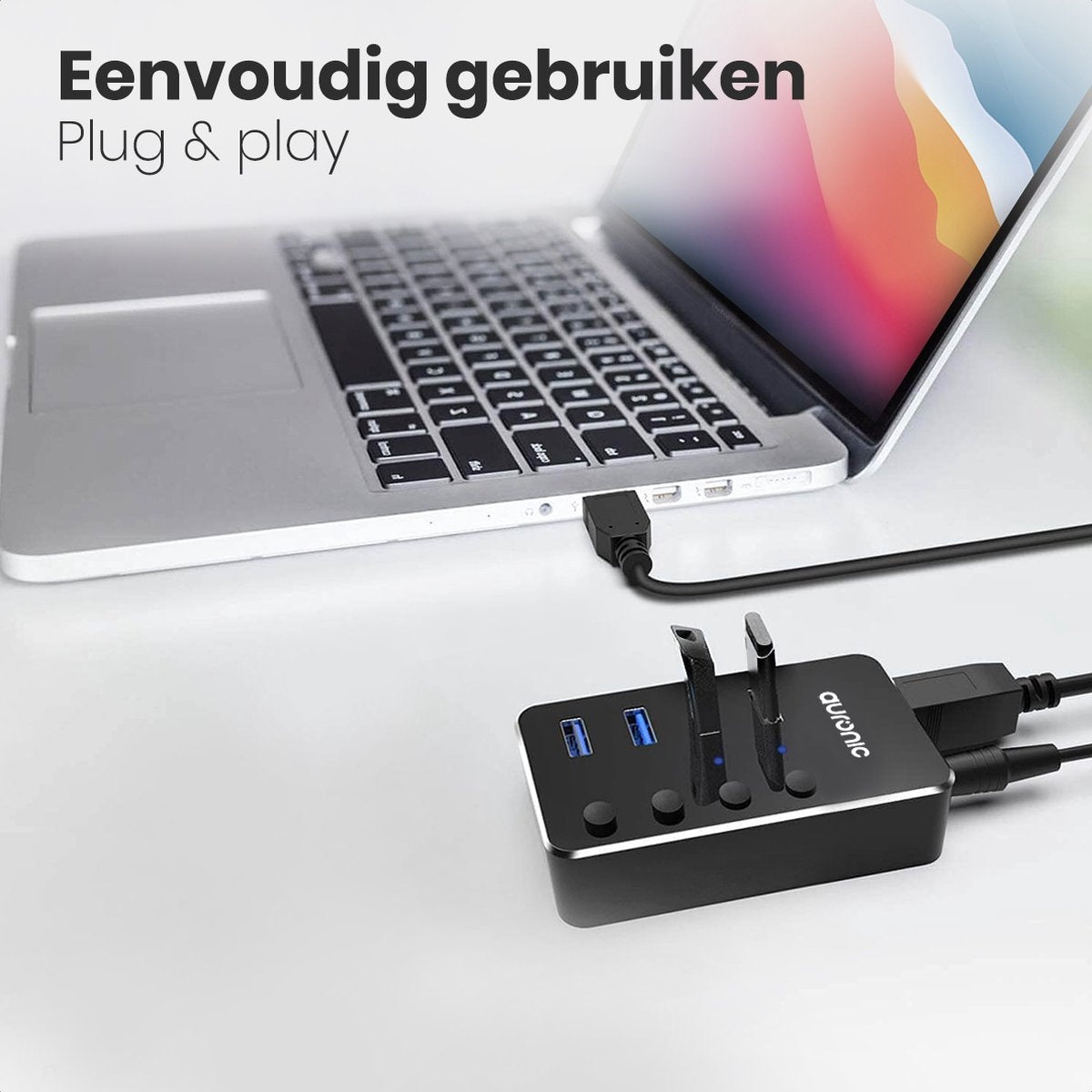 Auronic USB Hub 3.0 - USB Splitter mit 4 Ports - mit Netzteil - 5 GBPs - Led-Anzeige - Schwarz