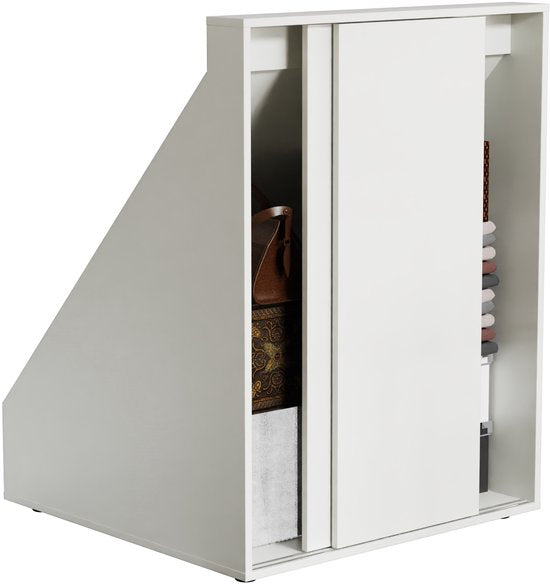 Aufbewahrungsschrank unter der schrägen Wand im Schlafzimmer im Dachgeschoss – Schrank, der an eine Dachschräge passt