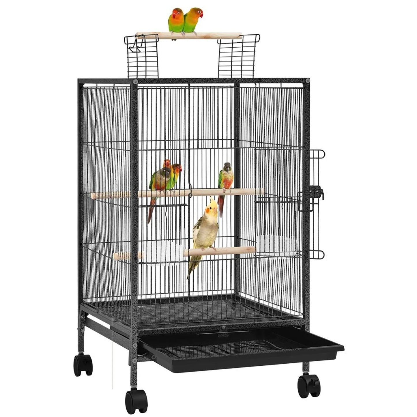 Yaheetech Vogelkäfig mit offenem Dach - 45,5 x 45,5 x 79 cm - Mit abnehmbaren Rädern und ausziehbarer unterer Schublade und gehämmerter Pulverbeschichtung - Für Wellensittiche und Kanarienvögel - Schwarzes Metall und Holz