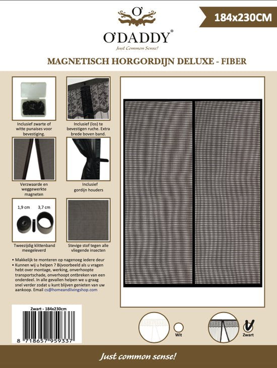 O'DADDY Türvorhang Deluxe FIBER - Magnetischer Fliegenvorhang - Für Neubauten und Standardtüren - Einfache Installation - Schwarzes Horn - 184x230 cm