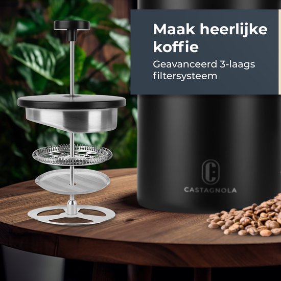 Castagnola Cafetière - Doppelwandige Kaffeemaschine - French Press - Edelstahl - 1 Liter - Schwarz
