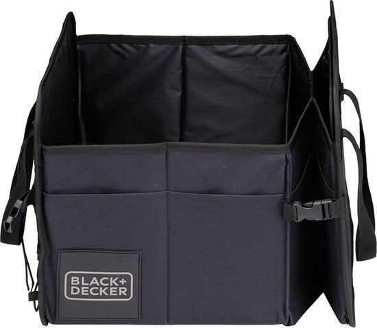 BLACK+DECKER Kofferraum-Aufbewahrungsbox – 59 x 36 x 30 cm – 2 Fächer – Zusätzliche Seitentaschen – Mit Griffen – Schwarz
