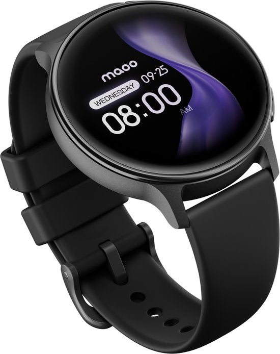 Maoo Ventura 2 – GPS-Smartwatch für Damen – AMOLED – Silikon-, Leder- und Sportarmband – Schrittzähler – Herzfrequenzmesser – Schlafmonitor – Anruffunktion – AOD – Multisport – Kompatibel mit Android und iOS – Schwarz