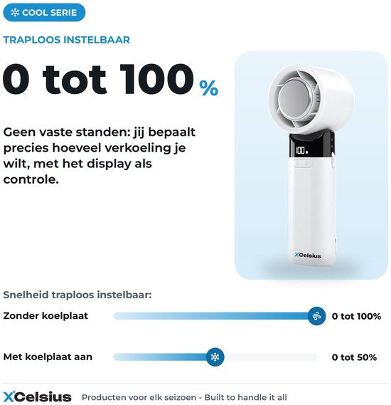 XCelsius® Handventilator – Tragbarer, zusammenklappbarer Mini-Ventilator – Über USB-C aufladbar – Stufenlos von 0 % bis 100 % einstellbar – Mit Sofort-Kühlplatte – Weiß
