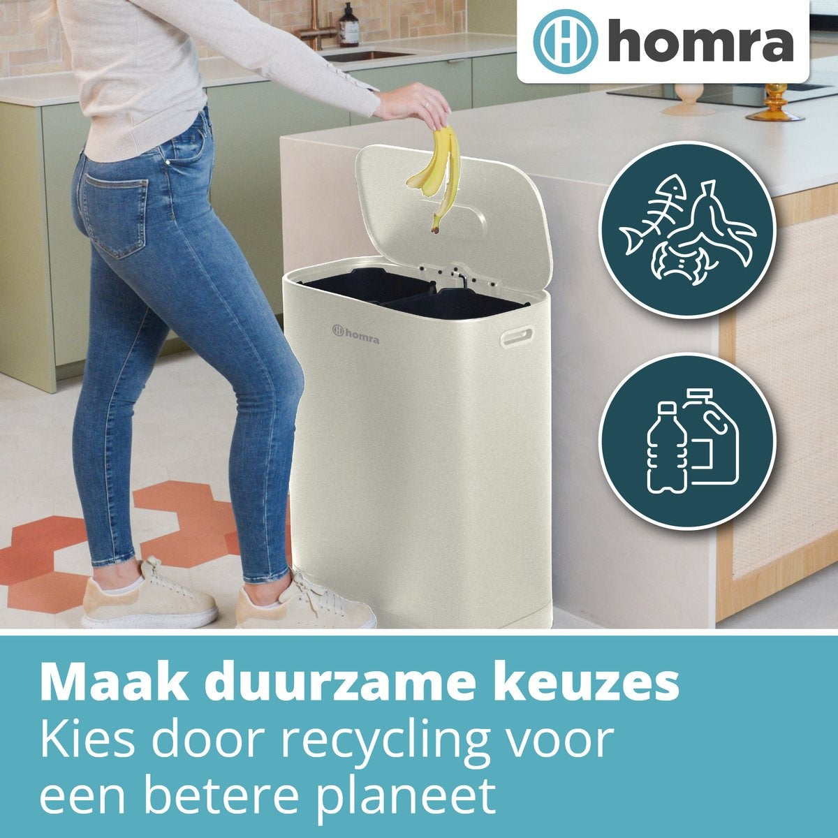 Homra Rockx Mülleimer 60 Liter - Duo-Treteimer 2X30L mit Geruchsfilter - Edelstahl Mülltrennung Mülleimer 2 Fächer - Recycling Mülleimer - Mülleimer Küche Mülltrennung - Abfalleimer - Doppelmülleimer Weiß Creme
