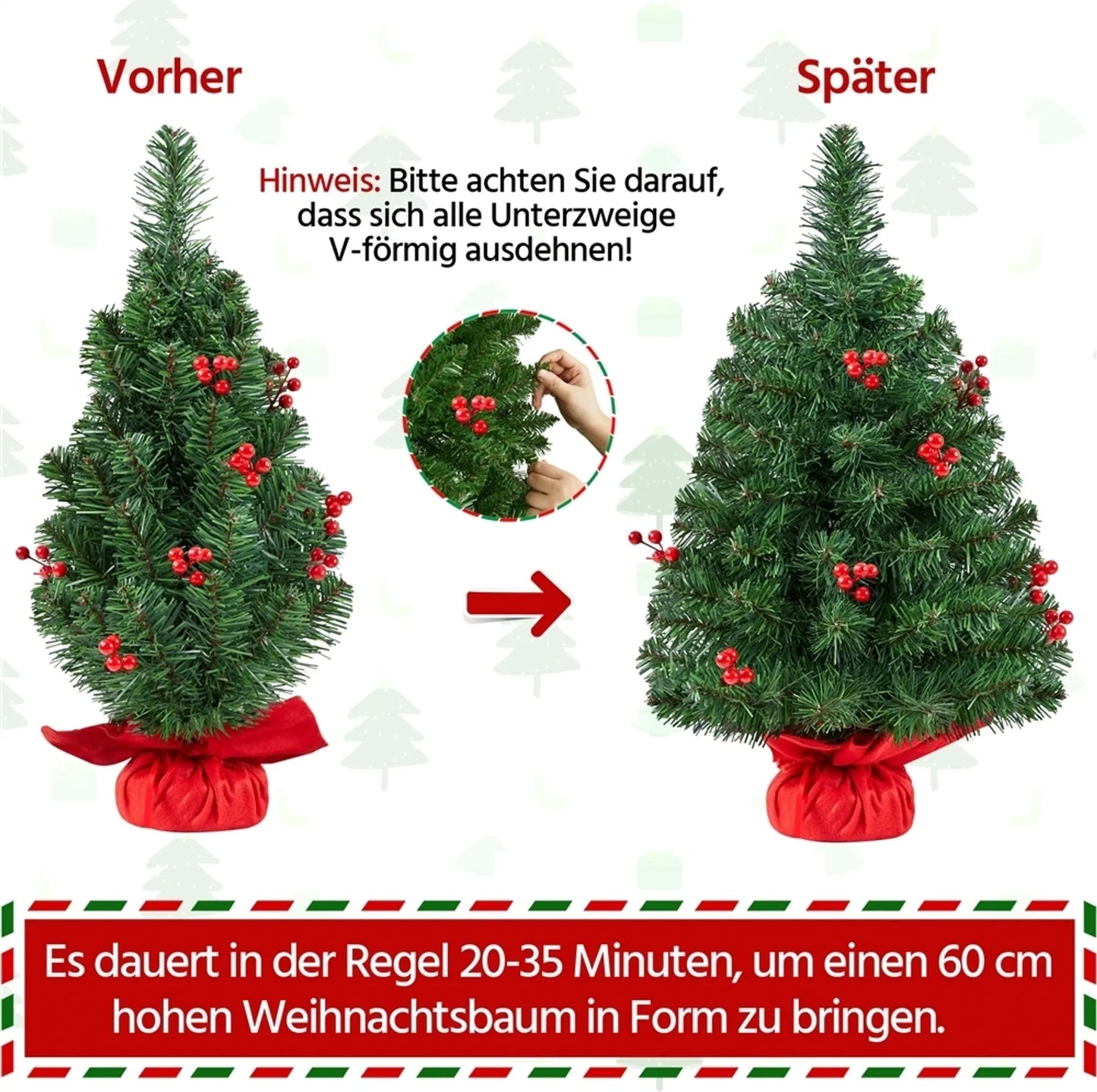 Yaheetech Tisch-Weihnachtsbaum mit Lichtern - 38 x 38 x 60 cm - Mit 35 LED-Lichtern und 40 roten Beeren und Betonsockel mit rotem Tuch - Für Sideboard und Büro - Grünes PVC und Beton