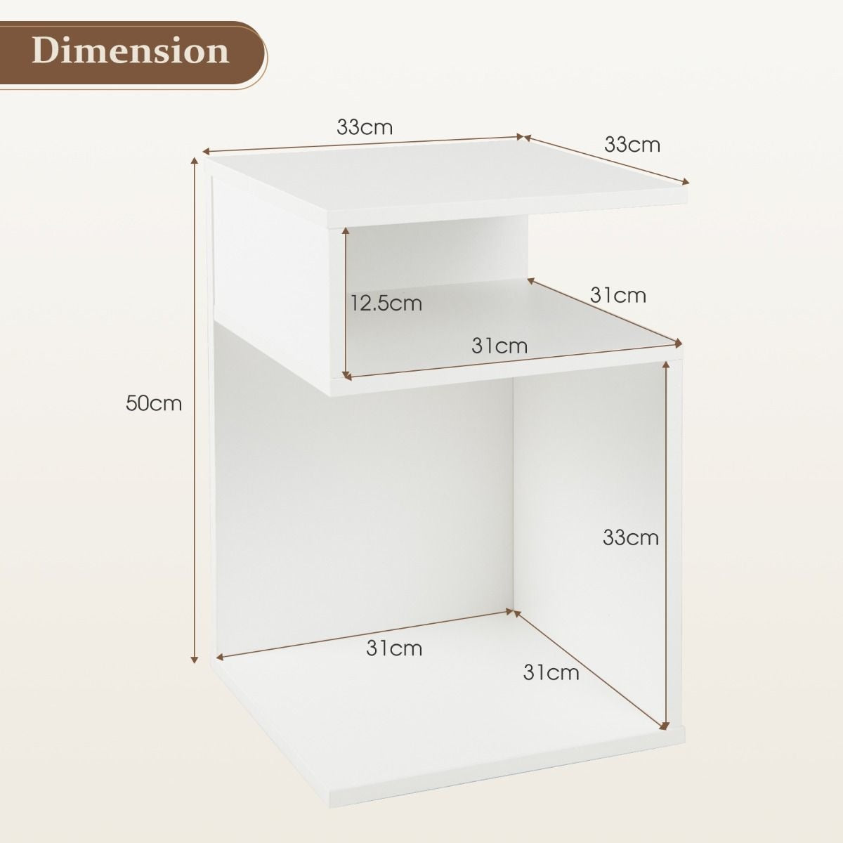 S'-förmiger Wohnzimmer Bank Beistelltisch mit 2 offenen Gewölben Kleiner Couchtisch mit geometrischem Design Weiß