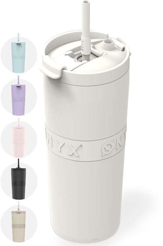 ONYX Trinkflasche mit Strohhalm 700ML - Trinkflasche für Kinder & Erwachsene - Thermosbecher Edelstahl Reisebecher - Motivationstrinker - Trinkbecher für die Schule - Coco White
