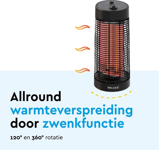 BRASQ Elektrischer Terrassenheizer - 1200 Watt - 2 Heizstufen - Mit Schwenkfunktion - Infrarotheizung - Spritzwassergeschützt - Schwarz