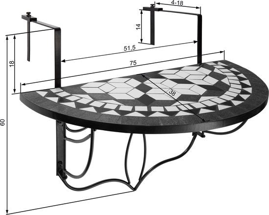 tectake - Balkontisch Hängetisch Mosaik - klappbar - schwarz/weiß - 402767