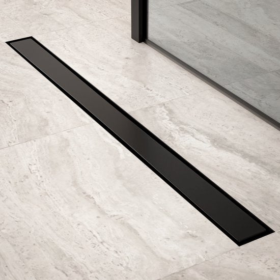 Duschrinne – 90 cm – Mattschwarz – Fliesengitter – Edelstahl – Mit Flansch