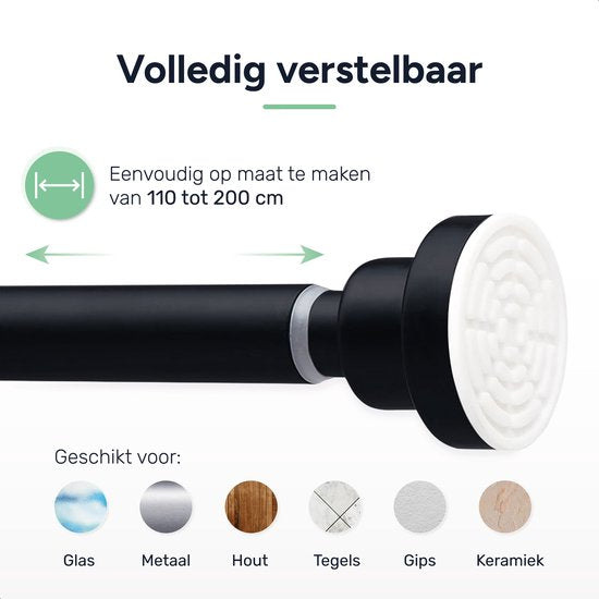 Vorhangstange - Schwarz - 110 bis 200cm - Ohne Bohren - Schiene - Ausziehbar - Vorhangschienen komplett - Selbstklebend
