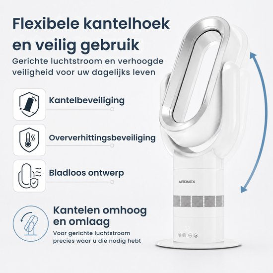 Aironex Swing kabelloser Ventilator mit Heizfunktion – Heizventilator – 2-in-1: Kühlen & Heizen – 10 Stufen – 71° Schwenkbereich – Fernbedienung – Weiß