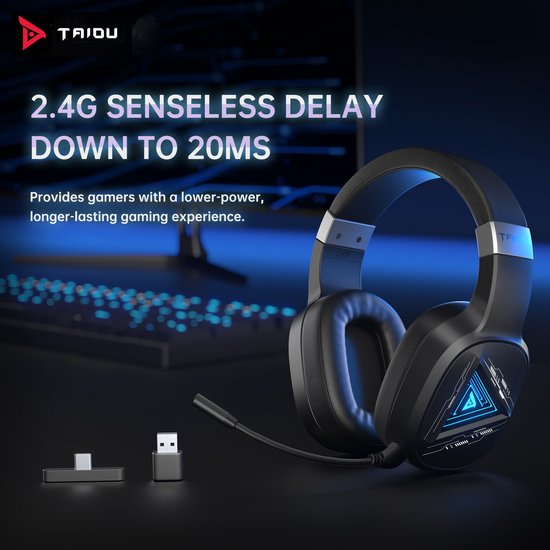TAIDU THS320Pro - 2.4GHz Wireless Gaming Headset - Bluetooth Headset - mit Mikrofon - Geeignet für PS4/PS5, Nintendo Switch - Multiplattform - Schwarz