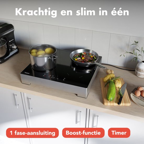 KitchenBrothers Induktionskochfeld - Freistehendes Induktionskochfeld - 60 cm - 4 Zonen - 1 Phase - bis zu 2400W - Silber/RVS