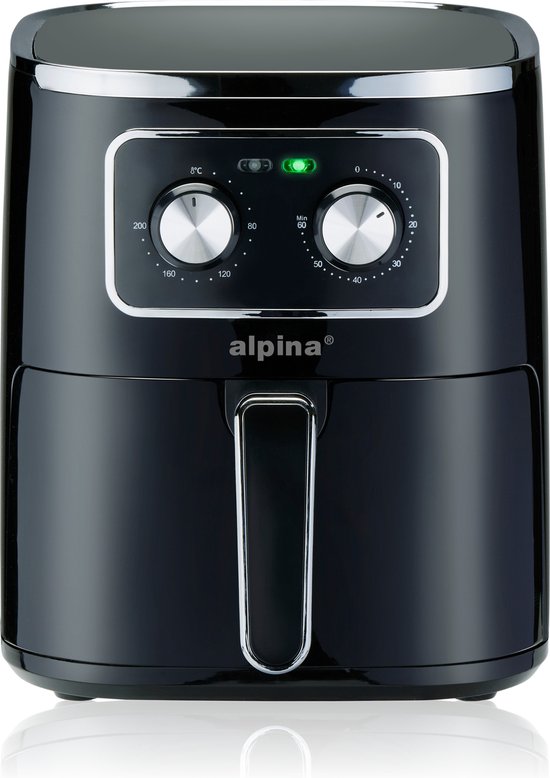 alpina Airfryer 4.5L- Heißluftfritteuse für 3 bis 4 Personen - Luftfritteuse mit einstellbarer Temperatur von 80°C bis 200°C - Timer bis zu 60 Minuten - Heißluftfritteuse 1450W - Schwarz